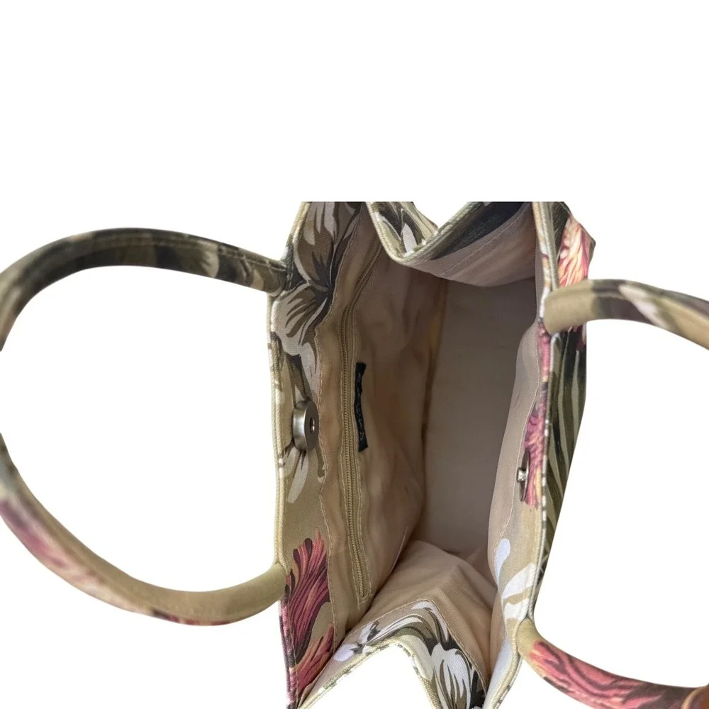 Sunny‎ Hawaii Tropical Floral Hibiscus Canvas Tote Handbag Tan Green Pink